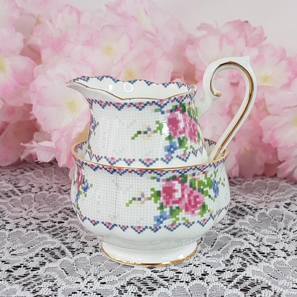 Royal Albert Petit Point Cream Sugar Set Bone China England
